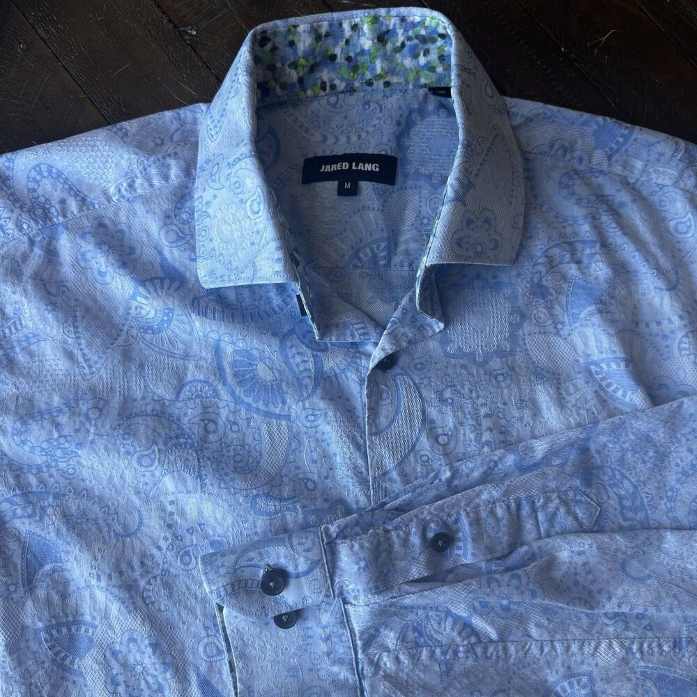 Jared Lang Shirt Mens Medium Blue Geometric Long Sleeve Button Up Cotton